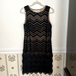 NWOT Max Studio Zig Zag Fringe Hem M Knitted Dress LBD Sleeveless Lined Midi